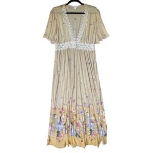 LIFE Love‎ Is For Eternity Kimono Dress Womens XL Yellow Floral Boho Lace Cover